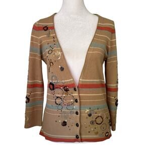 Moth Anthropologie tan striped beaded button-front cardigan size M